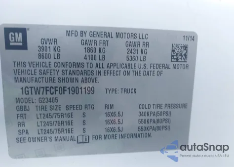 2015 GMC Savana 2500 Work Van z USA, uszkodzony, nr VIN 1GTW7FCF0F1901199